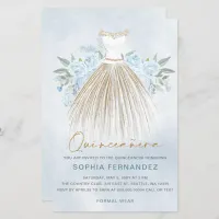 Budget Dusty Blue Gold Dress Quincea&#241;era Invite