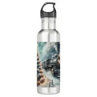 Old-Fashioned Train and Vintage Winter Scene Stainless Steel Water Bottle