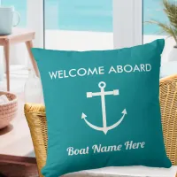 Nautical Turquoise Anchor Welcome Aboard Boat Name Throw Pillow