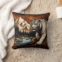 Tiger by River in Mountain Scene Throw Pillow