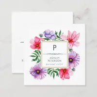 Trendy Cute Watercolor Pink Flowers Monogram Square Business Card