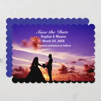 Bride and Groom in Sunset Save the Date Flat Card