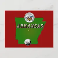 Arkansas Map, Seal and State Faux Quarter Postcard