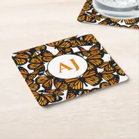 Orange Monarch Tropical Butterfly Monogrammed Square Paper Coaster