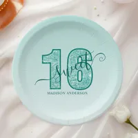 Teal Aqua Glitter Script Sweet 16 Paper Plates