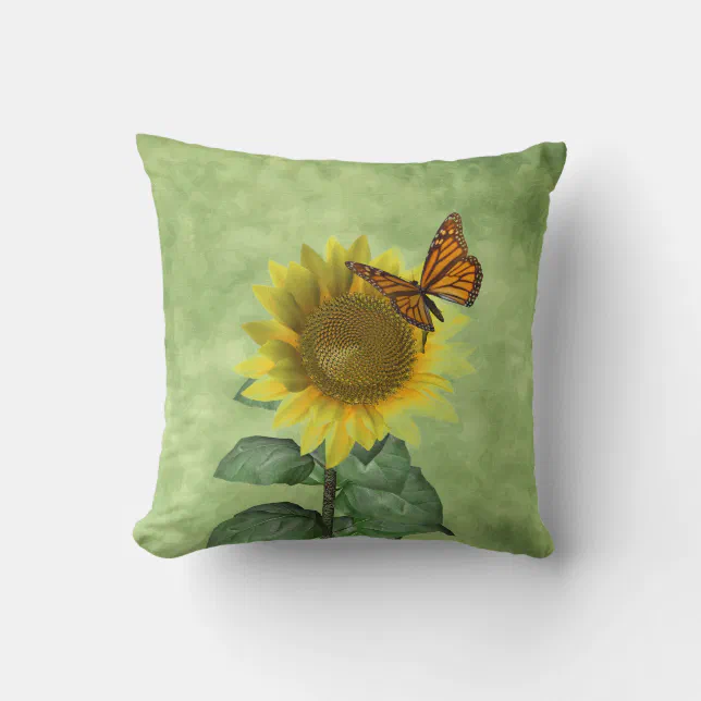 Pretty Yellow Sunflower and Orange Butterfly Throw Pillow
