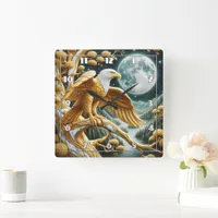 Eagle Perched on Branch Under Full Moonlight Square Wall Clock