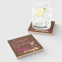 Season Greetings - Pink on Brown Name Monogram | Stone Coaster