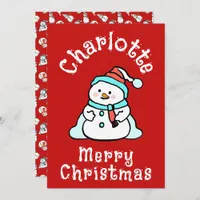 Cute Christmas Snowman With Name | Red Christmas Holiday Card