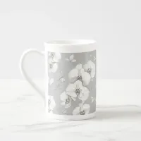 Watercolor White Orchid on Grey | Bone China Mug