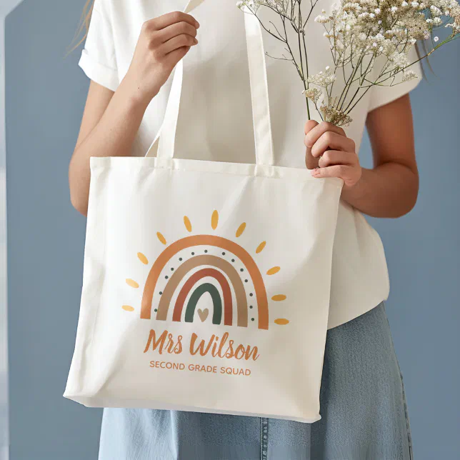 Custom Teacher Name Grade Boho Rainbow Sun Tote Bag