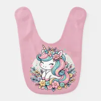 Pink and Blue Unicorn and Flowers Personalized Baby Bib