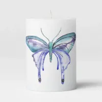 watercolor aqua blue purple butterfly pillar candle