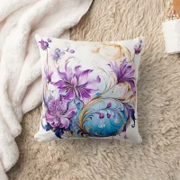 Elegant Floral Design With Purple and Blue Accents Throw Pillow