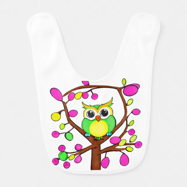 Happy owl in a multicolored tree baby bib