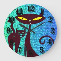 Cat Lover Illustration in Aqua Blue Background Large Clock