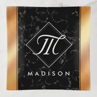 Elegant Black Marble & Copper Foil Script Monogram Trinket Tray