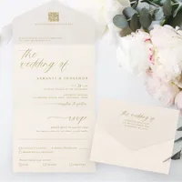 Romantic Gold Ivory Delicate Script Wedding All In One Invitation