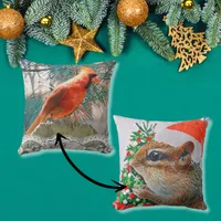 Christmas Chipmunk and Red Cardinal Holiday Throw Pillow