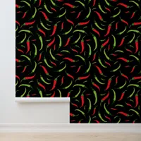 Red and Green Chilli Peppers Pattern on Black Wallpaper