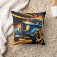 Classic hot rod racing through fiery background throw pillow