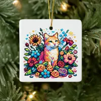 Pixel Art | Cat Sitting in Flowers Personalized  Ceramic Ornament