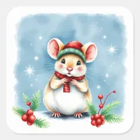 Cute Little Festive Christmas Mouse in Winter Hat Square Sticker