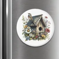 Pretty Watercolor Rustic Birdhouse and Bird Magnet