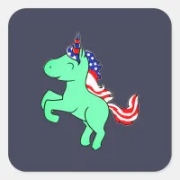 Unicorn Mint Green Patriotic USA Flag Mane Cartoon Square Sticker