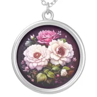 Pink Roses Floral  Silver Plated Necklace