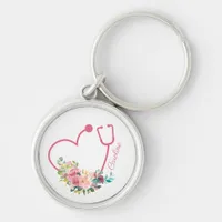 Pink Floral Stethoscope Heart Medical Nurse Doctor Keychain