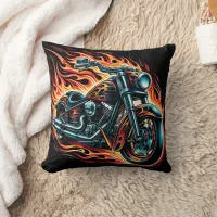 Fiery motorcycle roaring through a night of flames throw pillow