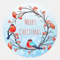 Merry Christmas Birds on a Berry Branch Classic Round Sticker