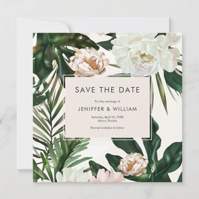 Peach White Peonies & Green Leaves Floral Wedding Save The Date