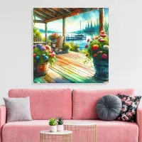 Pretty Lakehouse View Deck and Flowers Canvas Print