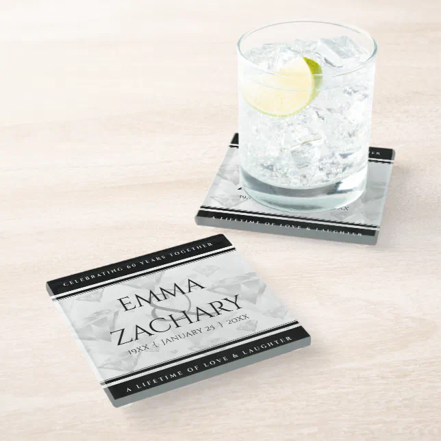 Elegant 60th 75th Diamond Wedding Anniversary Glass Coaster