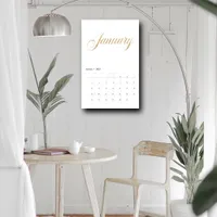 Elegant White Minimalist| Gold Script Letters Calendar