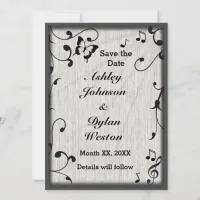 Music Butterfly Leaves Gray & Black Wood Wedding Save The Date