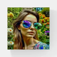 Beautiful Girl with Sunglasses Reflection Flowers Paperweight