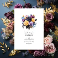 Blue, Purple, Gold, and Black Floral Wedding Invitation