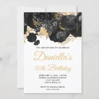 Black Gold Foil Floral Glam 50th Birthday Invitation