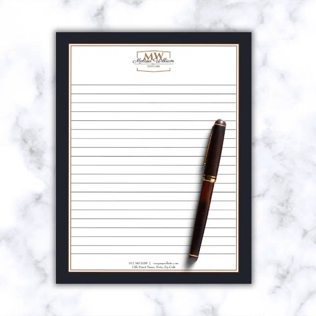 Simple Black White Monogram Lined Business Notepad