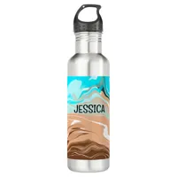 Personalized Tan to Blue Ombre Fluid Art Stainless Steel Water Bottle