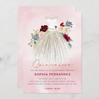 Burgundy gold glitter Floral Dress Quincea&#241;era Invitation