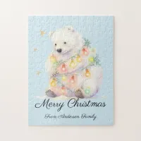 Winter Polar Bear Christmas Lights Family Name  Jigsaw Puzzle