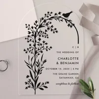 Modern Black Bird and Branch Wedding Acrylic Invitations