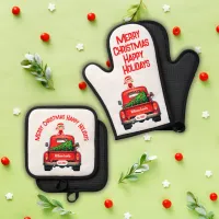 Red Vintage Truck with Elf Merry Christmas| Oven Mitt & Pot Holder Set