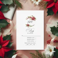 Watercolor Poinsettia and Holly Christmas Wedding RSVP Card