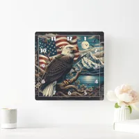 Majestic Eagle Perched Near Mountains and Flag Square Wall Clock