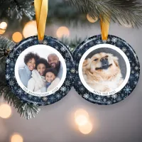 Modern Blue Snowflakes Family Christmas 2 Photos Ceramic Ornament